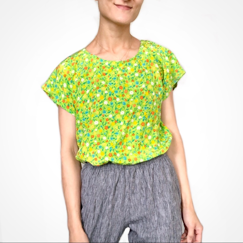 True vintage handmade lime green top with scattered ditsy floral print